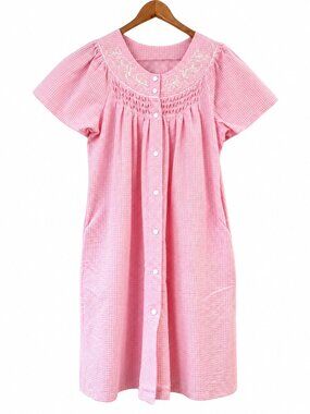 Miss Elaine Pink Gingham Seersucker Snap Front Robe House Muumuu Dress M Pockets